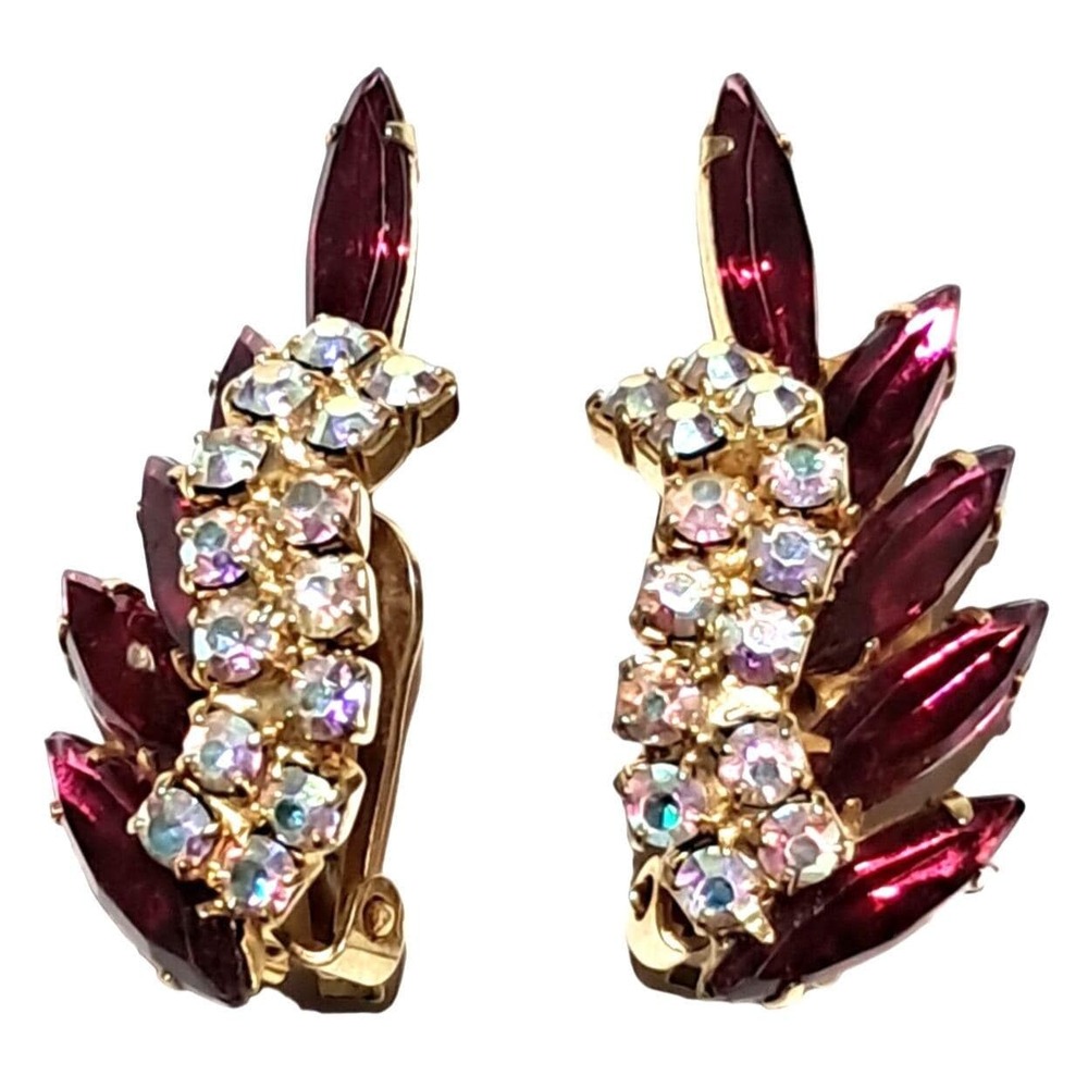 Vintage Pink Rhinestone Earrings with Aurora Borealis Ear Climbers Gold Tone Cli
